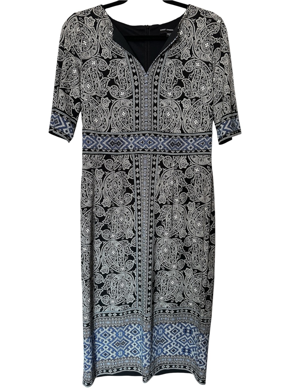 Maggy London Black and Blue Paisley Border Midi Dress Size 8